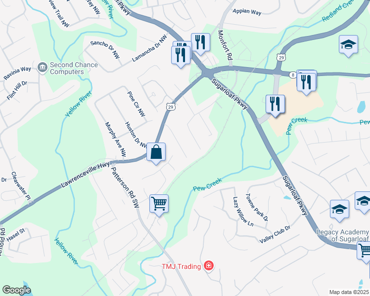 map of restaurants, bars, coffee shops, grocery stores, and more near 87 Davis Mill Court in Lawrenceville