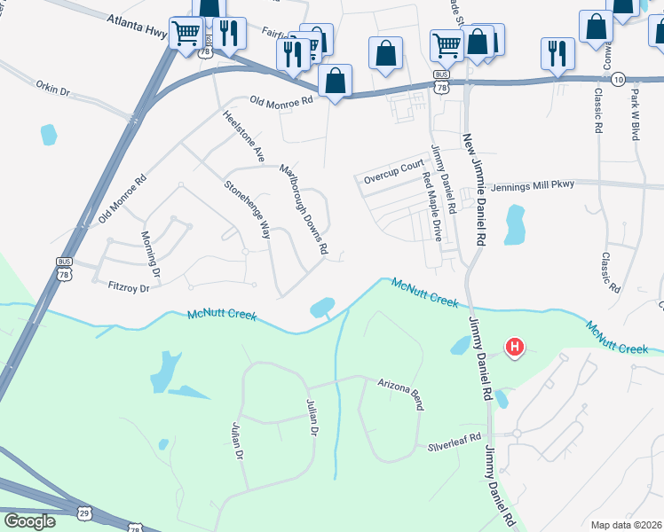 map of restaurants, bars, coffee shops, grocery stores, and more near 110 Bluestone Drive in Bogart