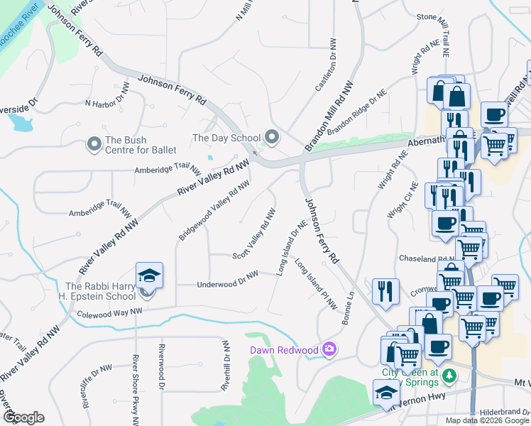 map of restaurants, bars, coffee shops, grocery stores, and more near 6540 Scott Valley Road Northwest in Atlanta