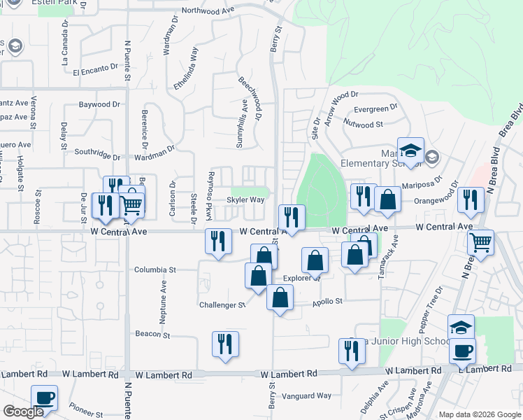 map of restaurants, bars, coffee shops, grocery stores, and more near 843 Williams Street in Brea