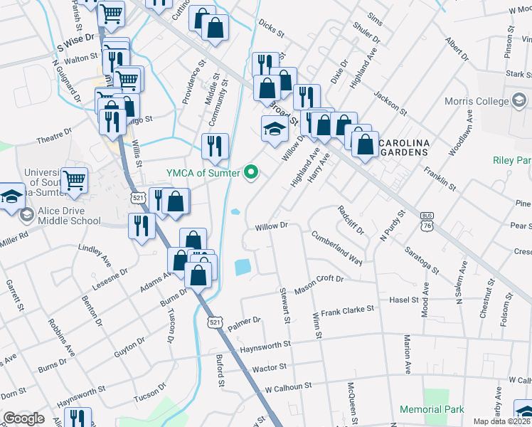 map of restaurants, bars, coffee shops, grocery stores, and more near 8 Highland Avenue in Sumter