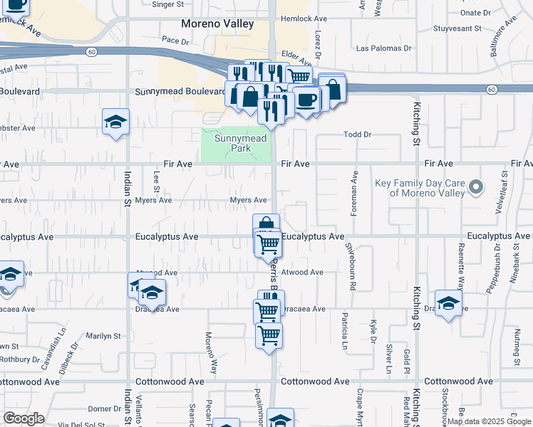 map of restaurants, bars, coffee shops, grocery stores, and more near 12865 Perris Boulevard in Moreno Valley