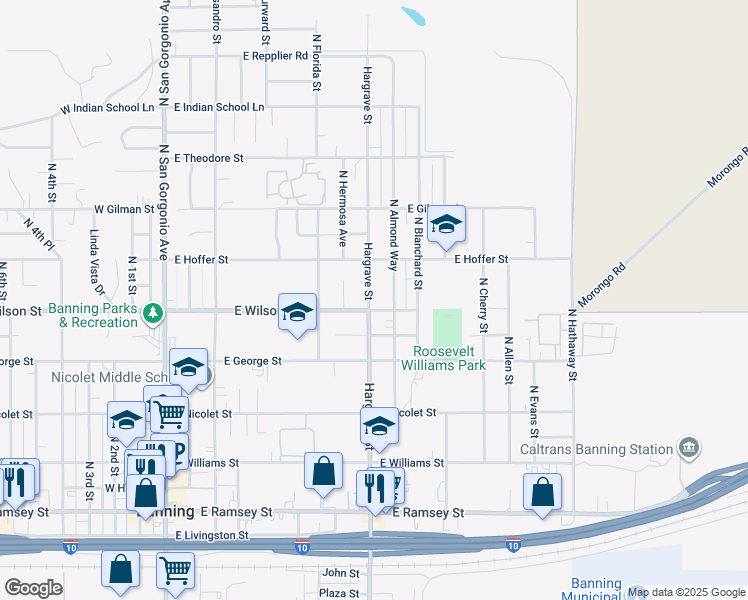 map of restaurants, bars, coffee shops, grocery stores, and more near 838 North Hargrave Street in Banning