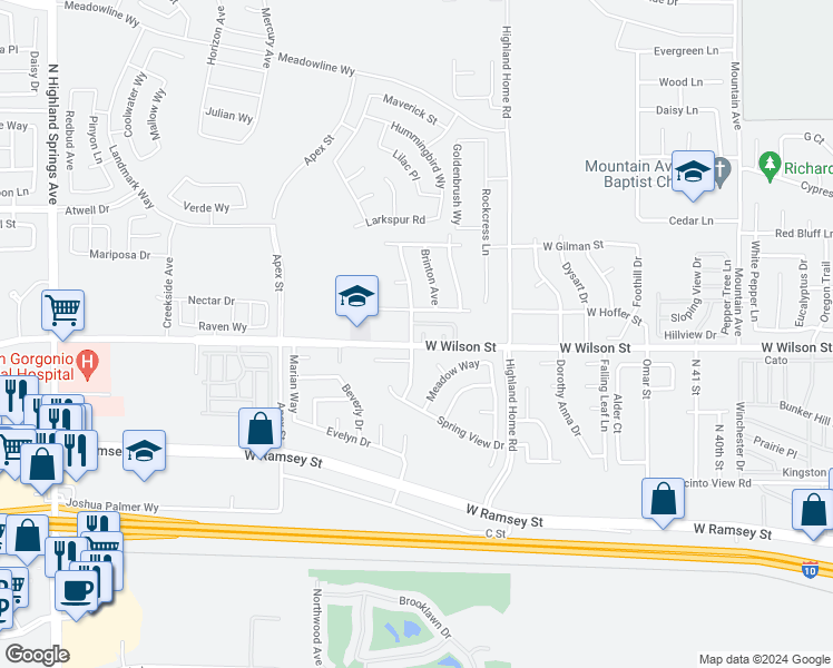 map of restaurants, bars, coffee shops, grocery stores, and more near 5099 West Wilson Street in Banning