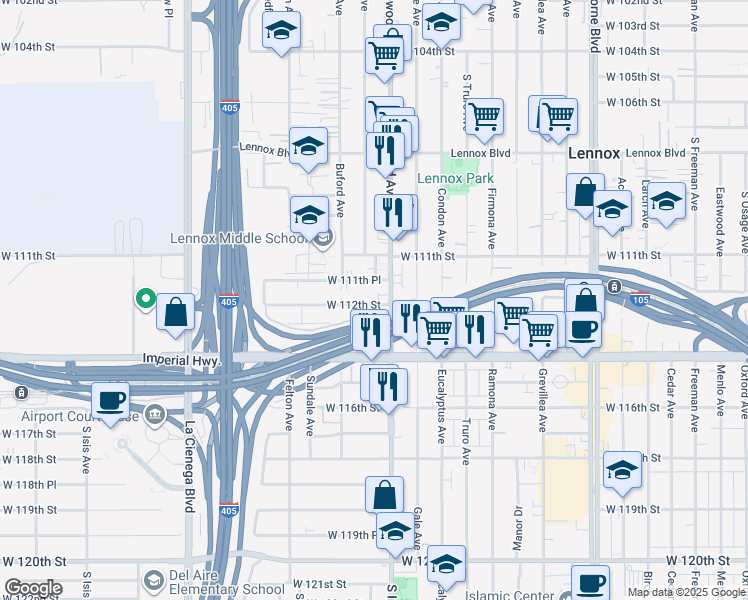 map of restaurants, bars, coffee shops, grocery stores, and more near 4819 West 112th Street in Lennox