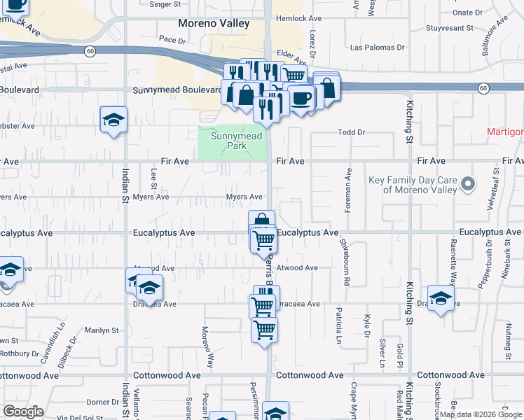 map of restaurants, bars, coffee shops, grocery stores, and more near 12865 Perris Boulevard in Moreno Valley
