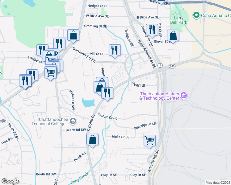 map of restaurants, bars, coffee shops, grocery stores, and more near 825 Georgia 280 in Marietta