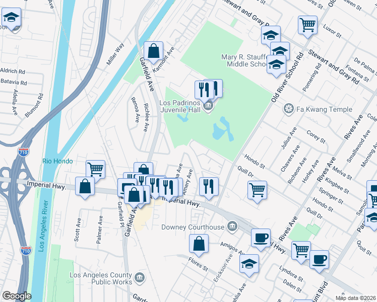 map of restaurants, bars, coffee shops, grocery stores, and more near 10608 Beak Avenue in South Gate