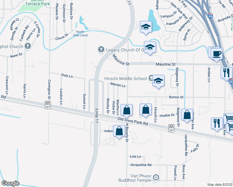 map of restaurants, bars, coffee shops, grocery stores, and more near 18 Martha Lane in Wichita Falls