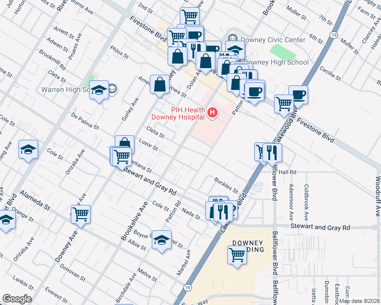 map of restaurants, bars, coffee shops, grocery stores, and more near 8524 Cleta Street in Downey