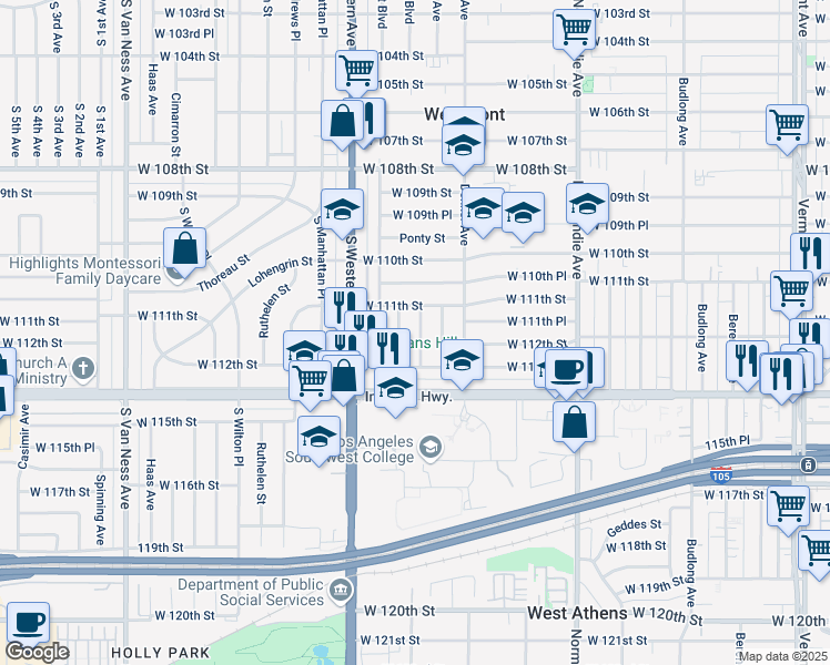 map of restaurants, bars, coffee shops, grocery stores, and more near 11129 Harvard Boulevard in Los Angeles