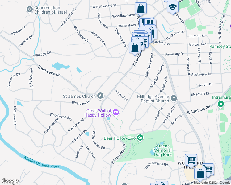 map of restaurants, bars, coffee shops, grocery stores, and more near 120 Hope Avenue in Athens