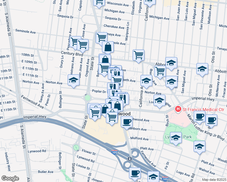 map of restaurants, bars, coffee shops, grocery stores, and more near 11003 Long Beach Boulevard in Lynwood