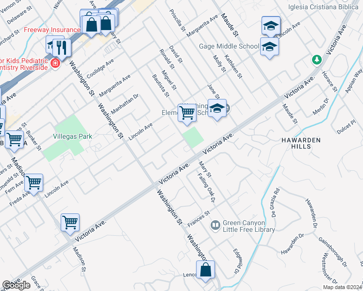 map of restaurants, bars, coffee shops, grocery stores, and more near 6912 Harvest Lane in Riverside
