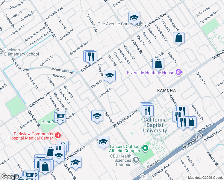 map of restaurants, bars, coffee shops, grocery stores, and more near 3990 Melody Lane in Riverside