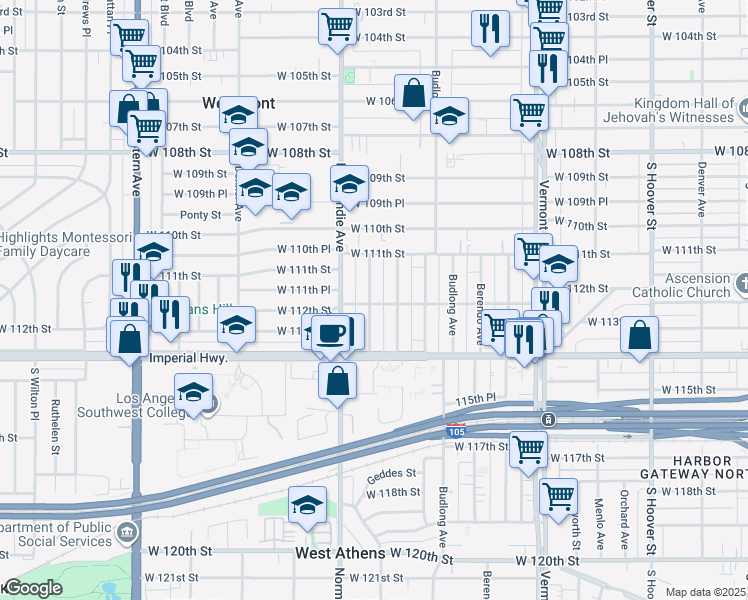 map of restaurants, bars, coffee shops, grocery stores, and more near 1327 West 112th Street in Los Angeles