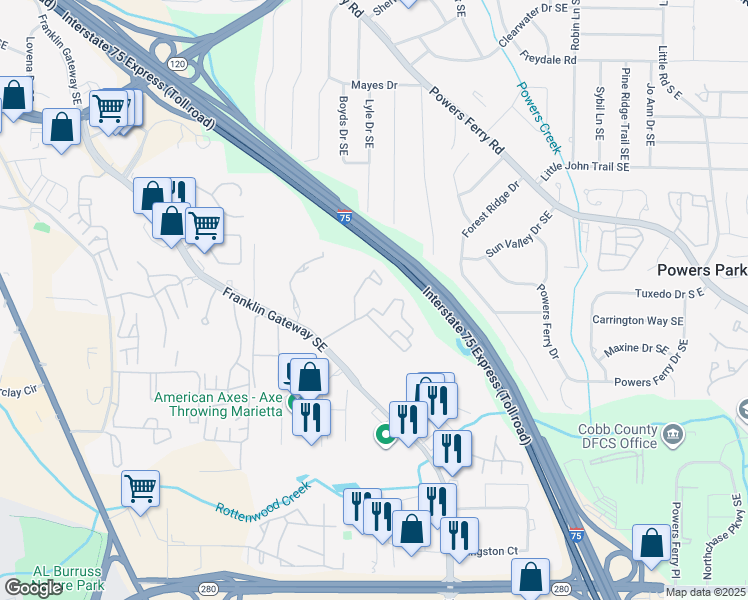 map of restaurants, bars, coffee shops, grocery stores, and more near 875 Franklin Gateway Southeast in Marietta