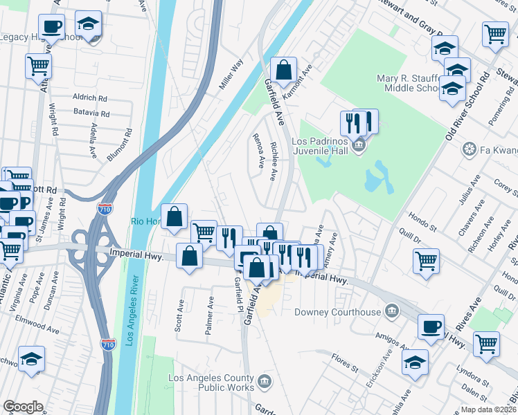 map of restaurants, bars, coffee shops, grocery stores, and more near 10545 Karmont Avenue in South Gate
