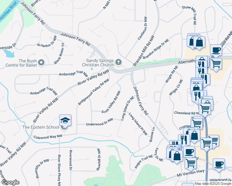 map of restaurants, bars, coffee shops, grocery stores, and more near 6540 Scott Valley Road Northwest in Atlanta
