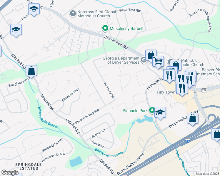 map of restaurants, bars, coffee shops, grocery stores, and more near 2173 Newbury Road in Norcross