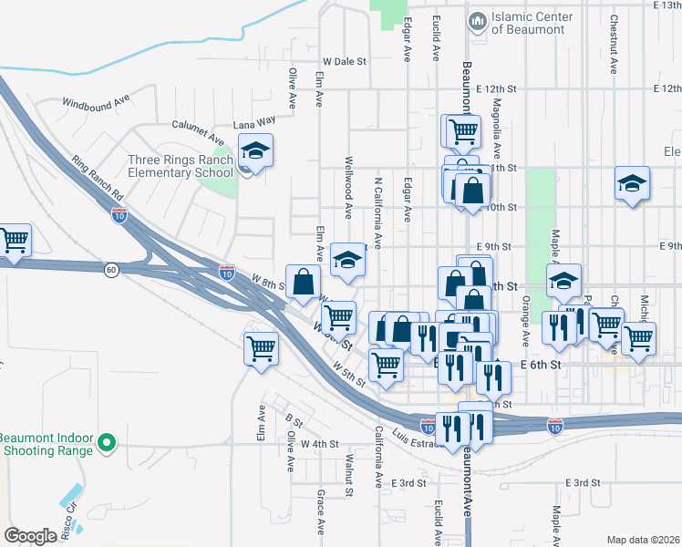 map of restaurants, bars, coffee shops, grocery stores, and more near 825 Wellwood Avenue in Beaumont
