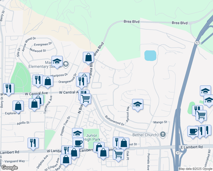 map of restaurants, bars, coffee shops, grocery stores, and more near 401 Sand Canyon Way in Brea