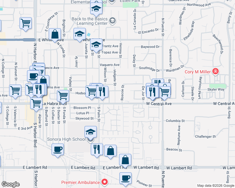 map of restaurants, bars, coffee shops, grocery stores, and more near 151 Holgate Street in La Habra