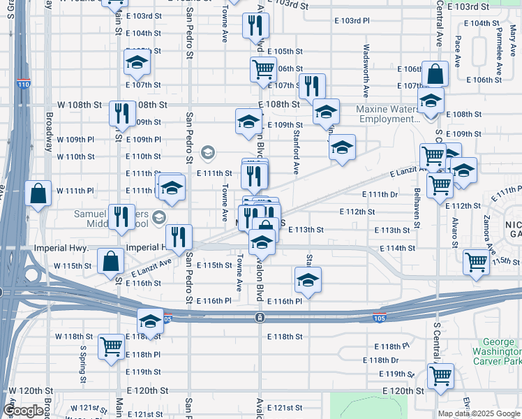 map of restaurants, bars, coffee shops, grocery stores, and more near Avalon Boulevard & East 112th Street in Los Angeles