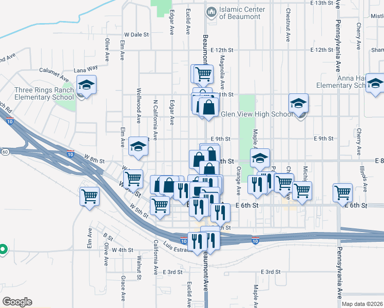 map of restaurants, bars, coffee shops, grocery stores, and more near 826 Euclid Avenue in Beaumont