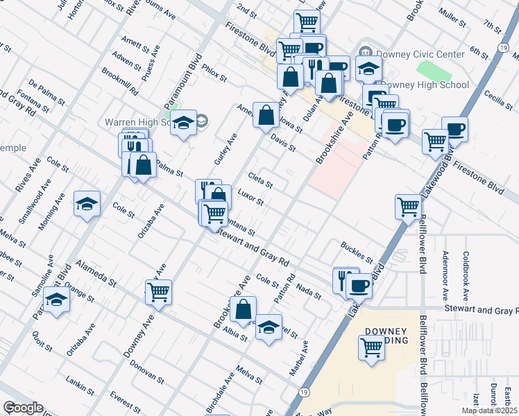 map of restaurants, bars, coffee shops, grocery stores, and more near 8420 Luxor Street in Downey
