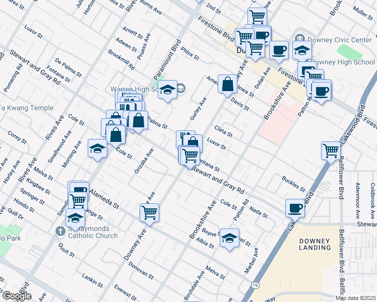 map of restaurants, bars, coffee shops, grocery stores, and more near 11825 Downey Avenue in Downey