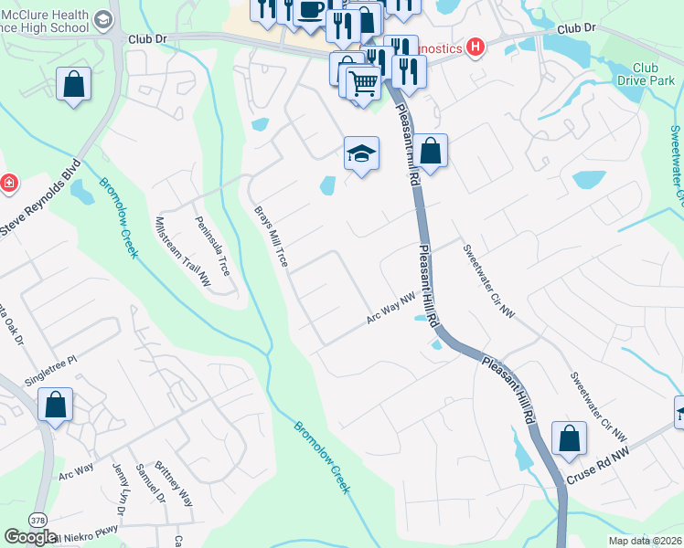 map of restaurants, bars, coffee shops, grocery stores, and more near 3678 Willow Wood Way Northwest in Lawrenceville