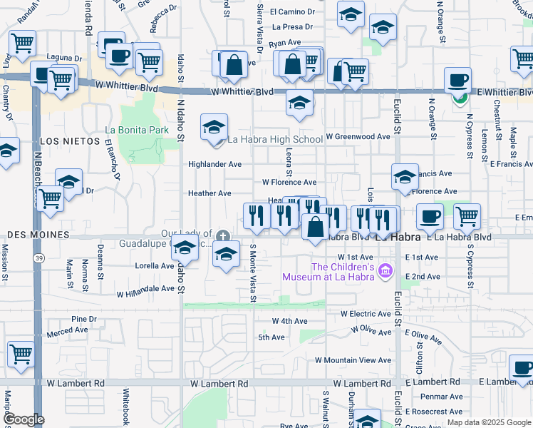 map of restaurants, bars, coffee shops, grocery stores, and more near 201 Willow Street in La Habra