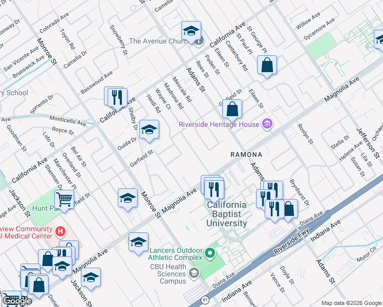 map of restaurants, bars, coffee shops, grocery stores, and more near 3906 Wayne Court in Riverside