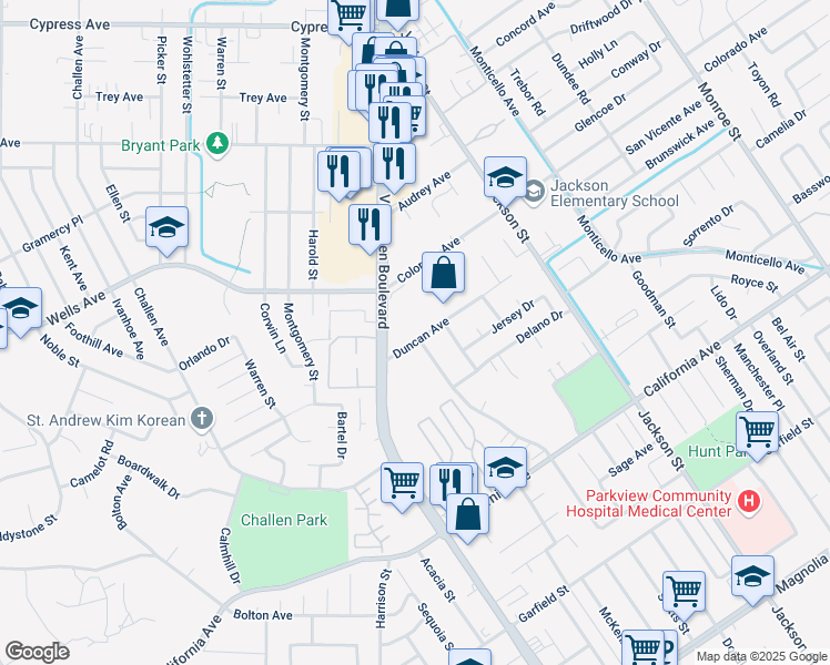 map of restaurants, bars, coffee shops, grocery stores, and more near 9341 Duncan Avenue in Riverside