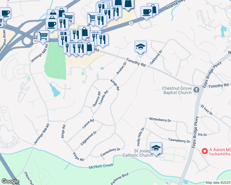 map of restaurants, bars, coffee shops, grocery stores, and more near 785 Kings Road in Athens