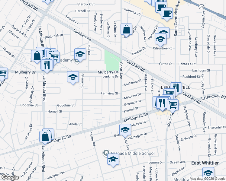 map of restaurants, bars, coffee shops, grocery stores, and more near 10927 La Cima Drive in Whittier