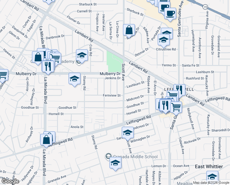 map of restaurants, bars, coffee shops, grocery stores, and more near 10927 La Cima Drive in Whittier