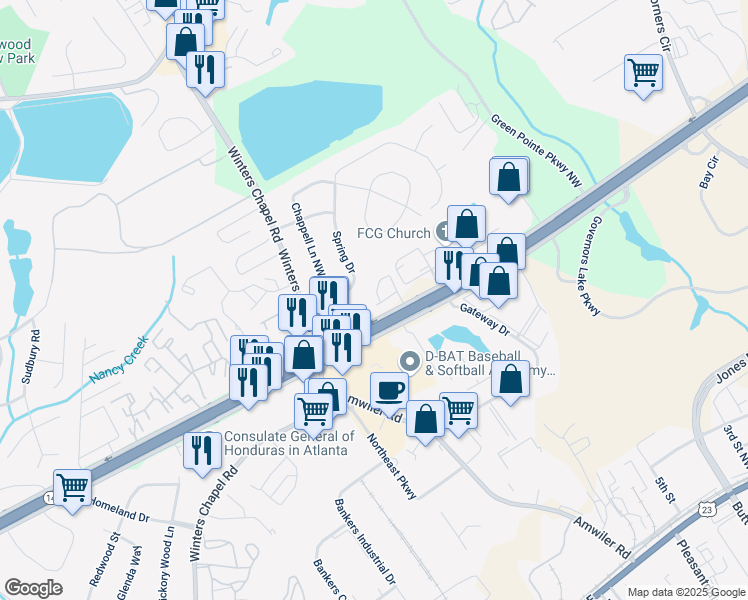 map of restaurants, bars, coffee shops, grocery stores, and more near 3381 Marla Boulevard Northwest in Peachtree Corners