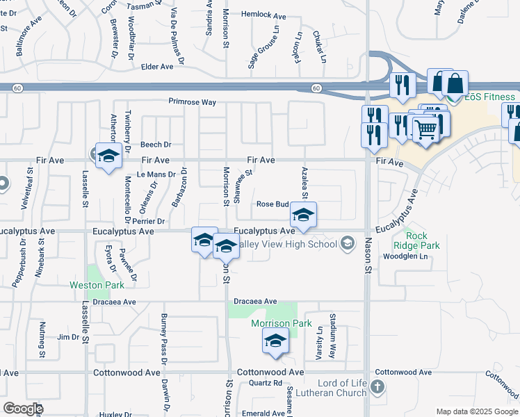 map of restaurants, bars, coffee shops, grocery stores, and more near 26605 Rose Bud Lane in Moreno Valley