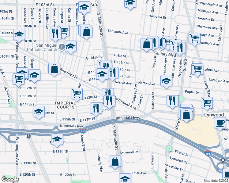 map of restaurants, bars, coffee shops, grocery stores, and more near 11312 Alameda Street in Lynwood