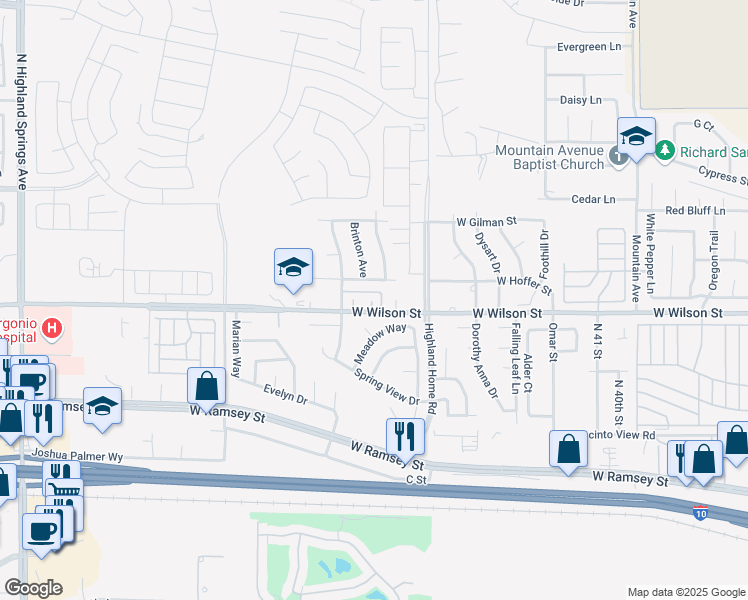 map of restaurants, bars, coffee shops, grocery stores, and more near 5077 West Wilson Street in Banning