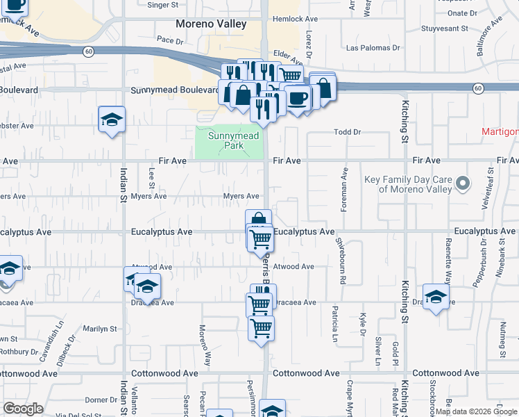 map of restaurants, bars, coffee shops, grocery stores, and more near 12865 Perris Boulevard in Moreno Valley