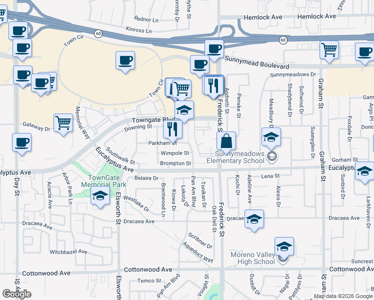 map of restaurants, bars, coffee shops, grocery stores, and more near 22860 Wimpole Street in Moreno Valley