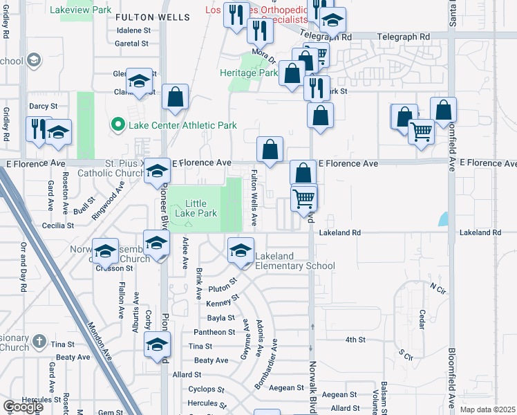 map of restaurants, bars, coffee shops, grocery stores, and more near 10922 Fulton Wells Avenue in Santa Fe Springs