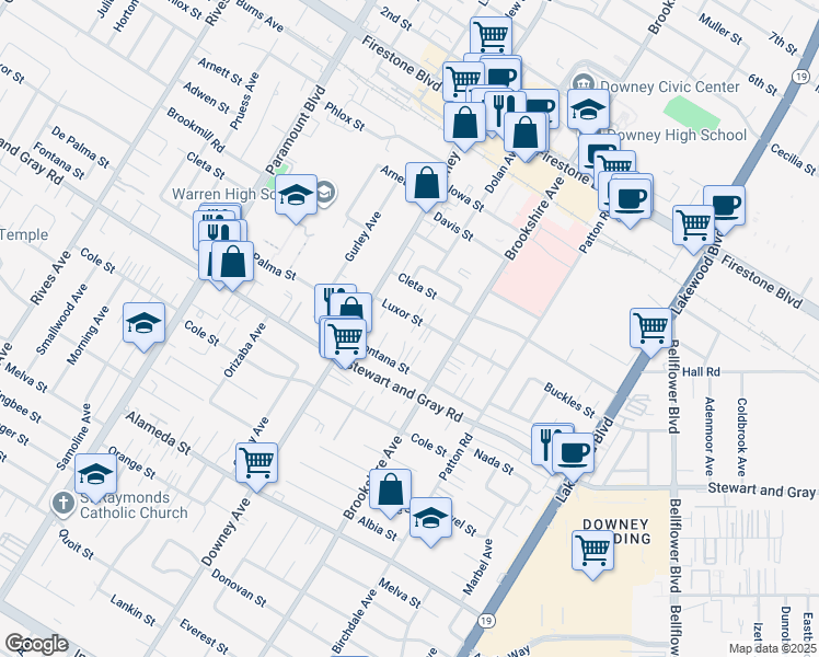 map of restaurants, bars, coffee shops, grocery stores, and more near 8420 Luxor Street in Downey