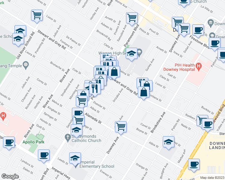 map of restaurants, bars, coffee shops, grocery stores, and more near 8111 Cole Street in Downey