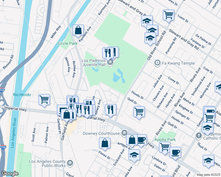 map of restaurants, bars, coffee shops, grocery stores, and more near 7308 Quill Drive in Downey