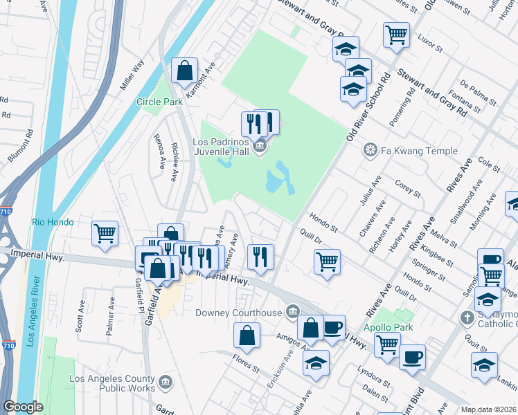 map of restaurants, bars, coffee shops, grocery stores, and more near 7308 Quill Drive in Downey