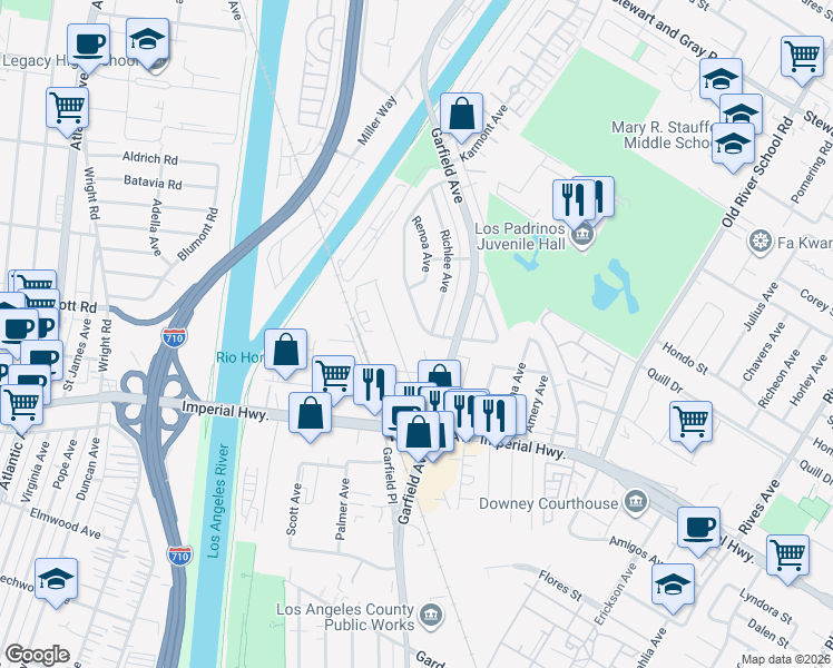 map of restaurants, bars, coffee shops, grocery stores, and more near 10545 Karmont Avenue in South Gate